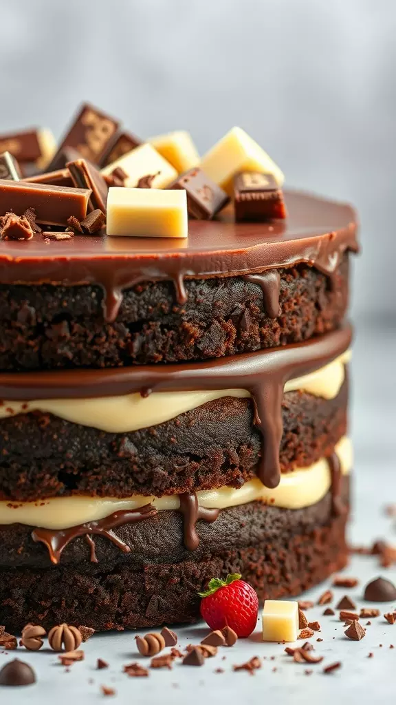 A delicious triple chocolate cake topped with various chocolate pieces and a strawberry.