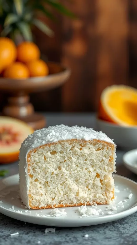 A slice of Tropical Angel Food Cake topped with coconut, surrounded by fresh fruits.