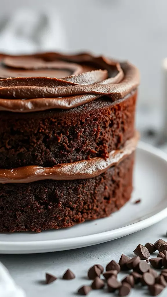 A close-up of a two-layer chocolate cake with cocoa buttercream frosting.