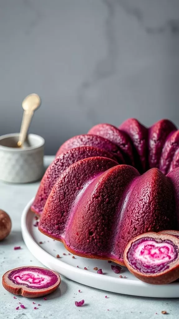 A beautifully baked ube pound cake with vibrant purple color, sliced to show its unique interior.