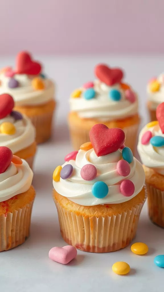 Valentine's Day cupcakes decorated with heart-shaped candies and colorful sprinkles