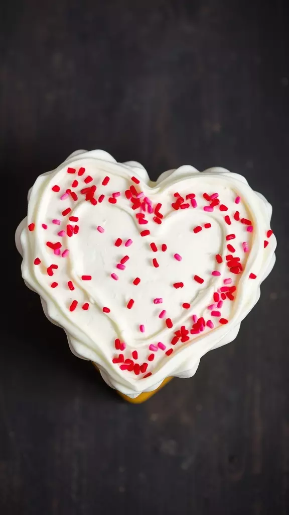 A heart-shaped cake with white frosting and sprinkles on top.