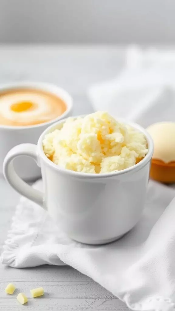 A fluffy vanilla mug cake in a white mug, surrounded by an egg and some white chocolate pieces.