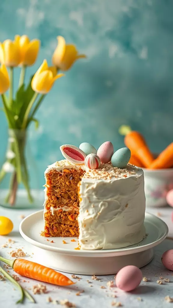 A beautifully decorated vegan carrot cake with pastel-colored eggs and fresh carrots surrounding it, set against a soft background.