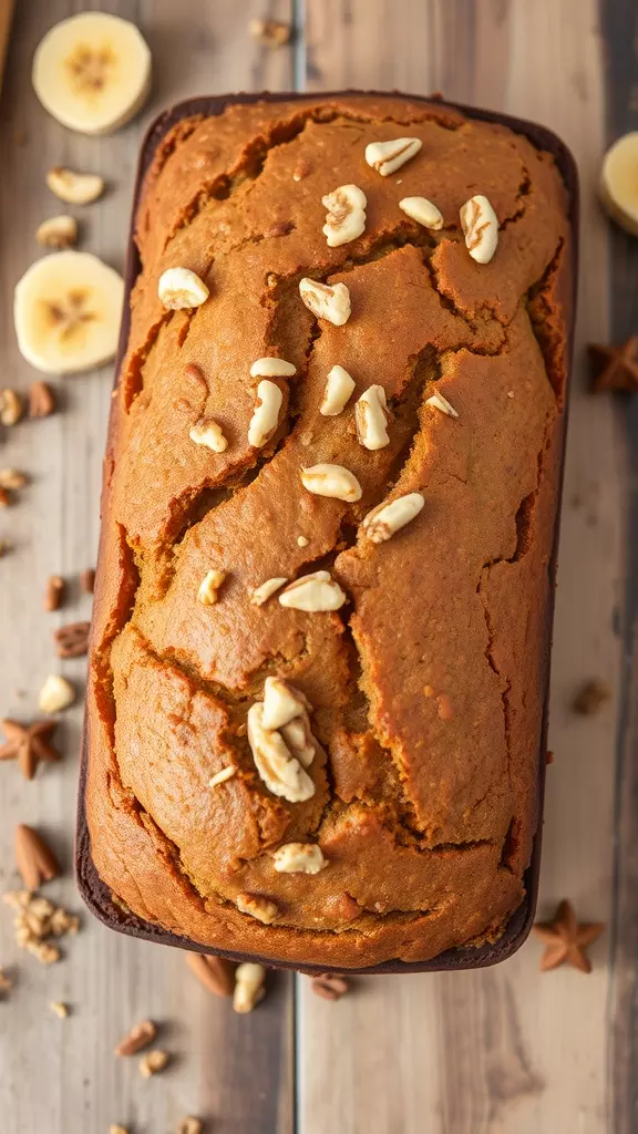 A loaf of vegan carrot cake banana bread topped with walnuts and placed on a wooden surface.