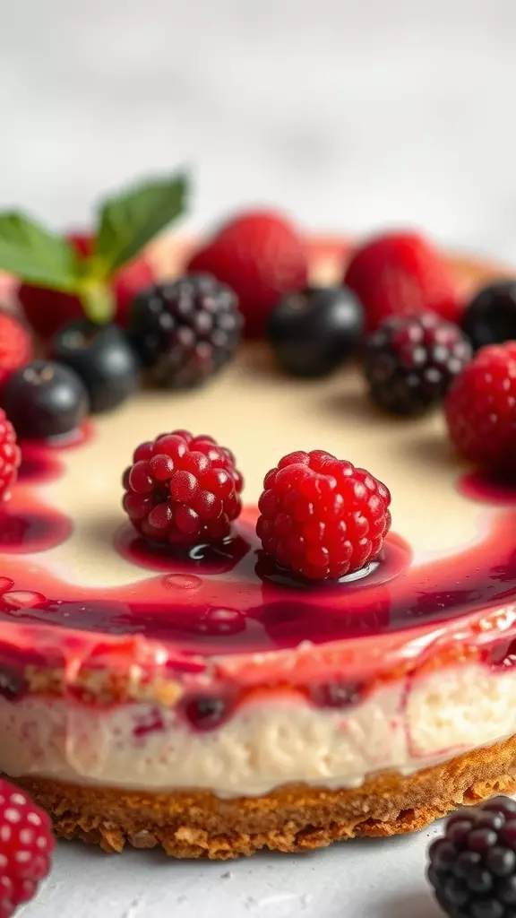 A beautiful vegan cheesecake topped with fresh berries.