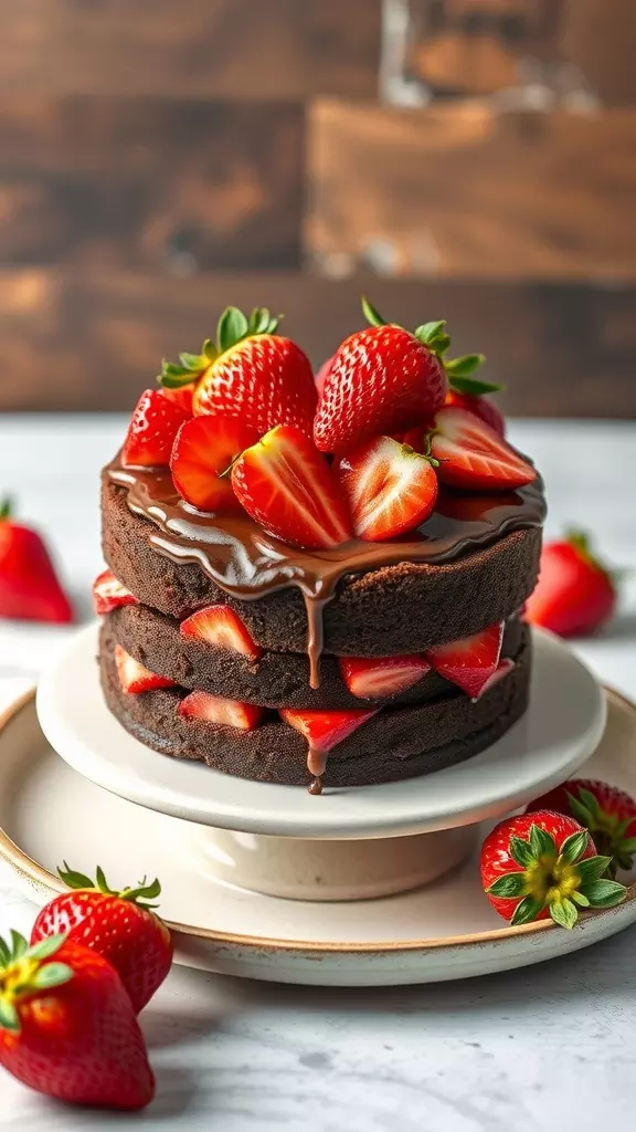 Vegan Chocolate Strawberry Fudge Cake with fresh strawberries on top