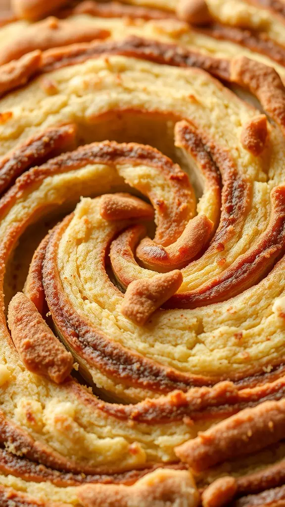 Close-up of swirled cinnamon apple bread with a golden brown crust