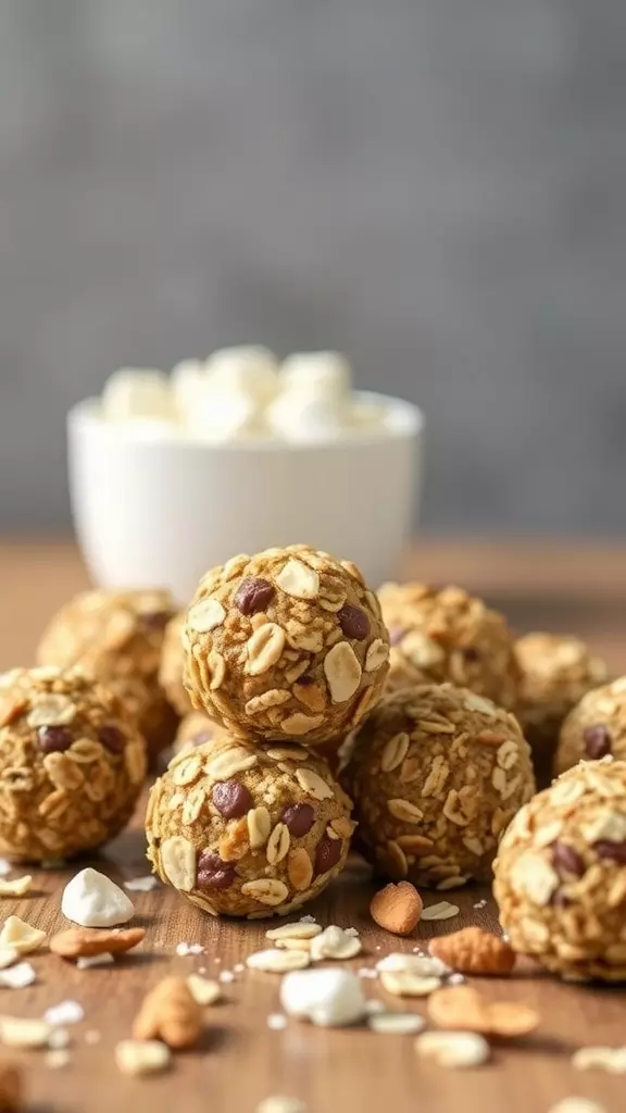 A close-up of vegan coconut protein balls made with oats and chocolate chips.