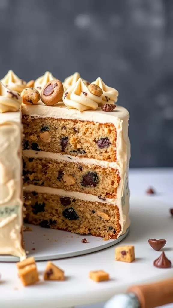 A delicious vegan cookie dough cake with layers and frosting.