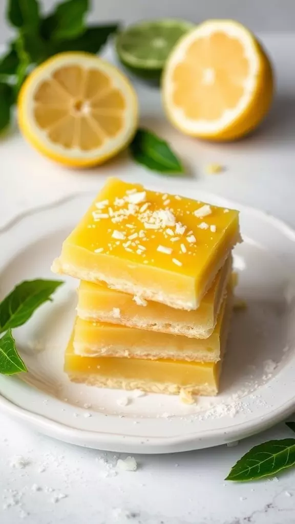 Delicious vegan lemon bars stacked on a plate with fresh lemons in the background