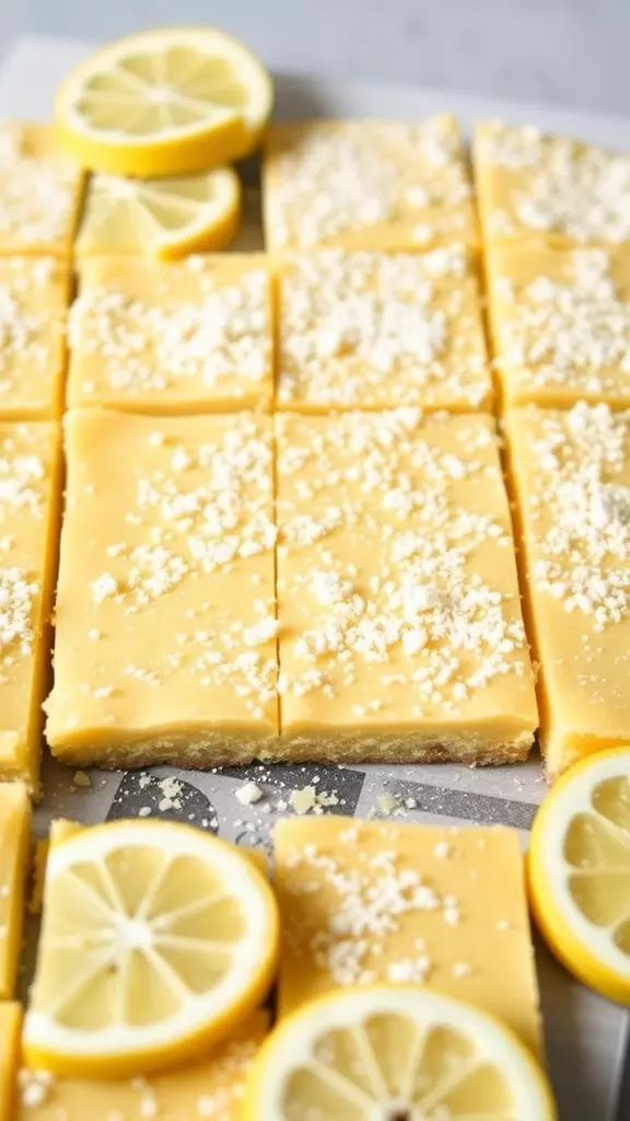 Vegan lemon bars topped with powdered sugar and lemon slices.