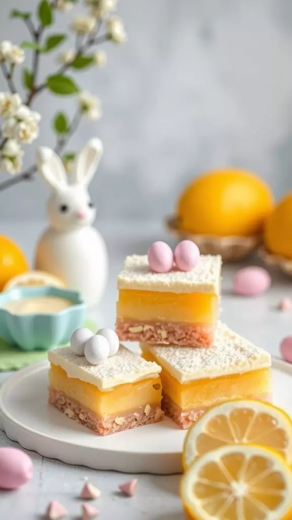 A plate of vegan lemon bars decorated with pastel eggs, surrounded by lemons and a bunny figurine.