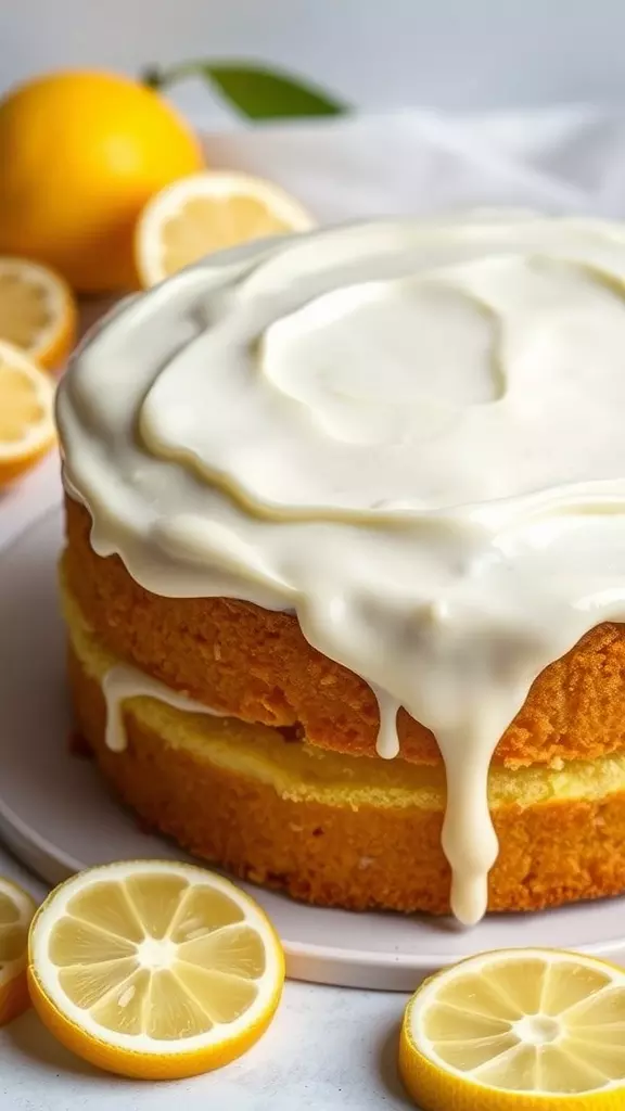 Vegan lemon cake with cream cheese frosting on a white plate, surrounded by lemon slices.