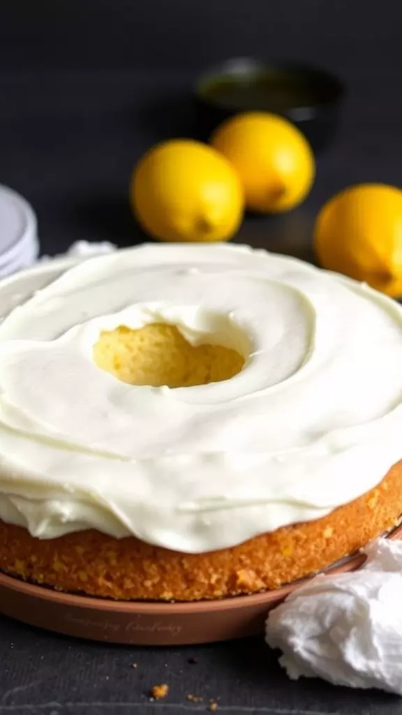 A vegan lemon cake with cream cheese frosting surrounded by fresh lemons.