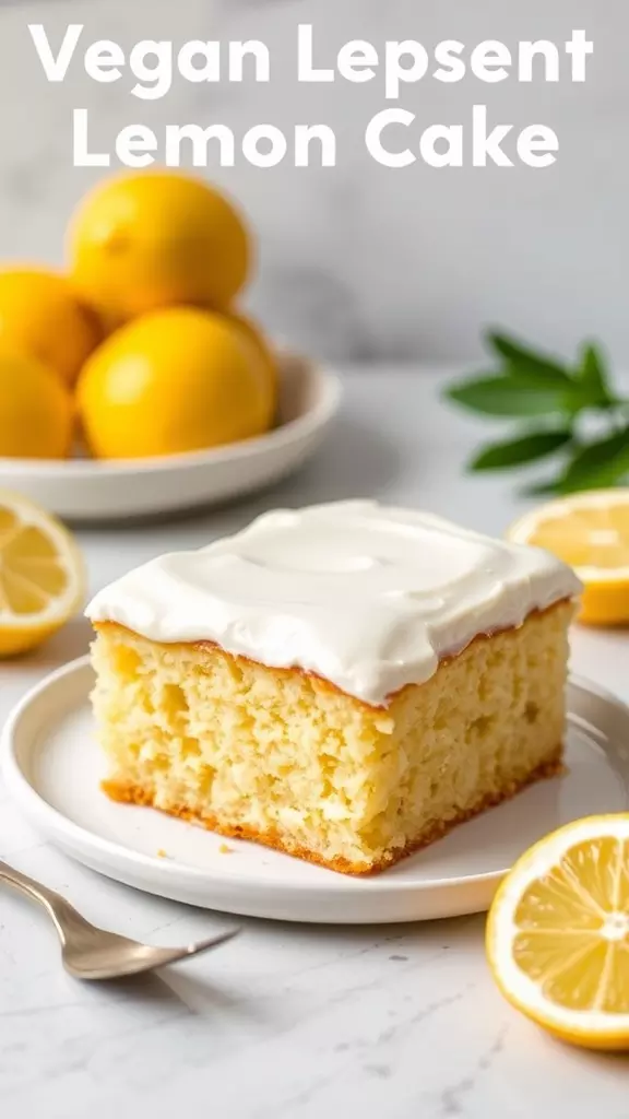 A slice of vegan lemon cake with cream cheese frosting next to fresh lemons.