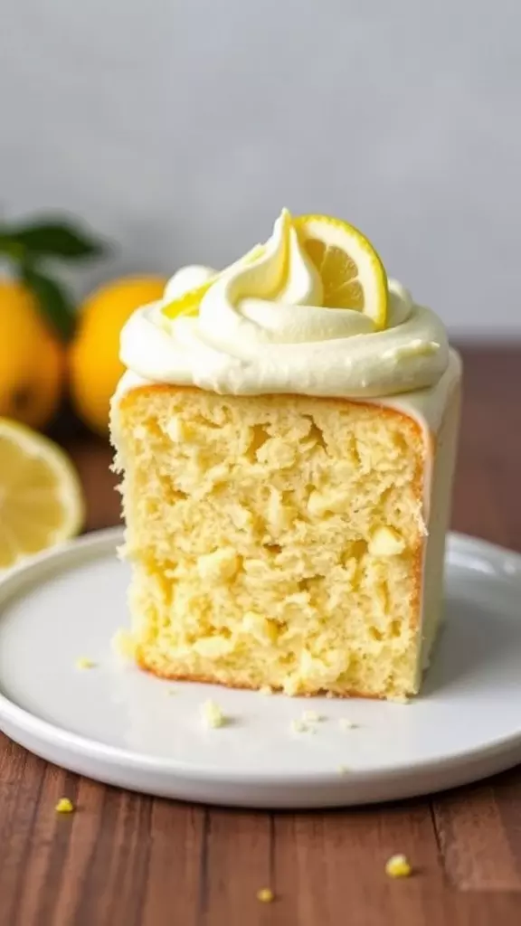 A slice of vegan lemon cake topped with cream cheese frosting and a lemon slice, with fresh lemons in the background.