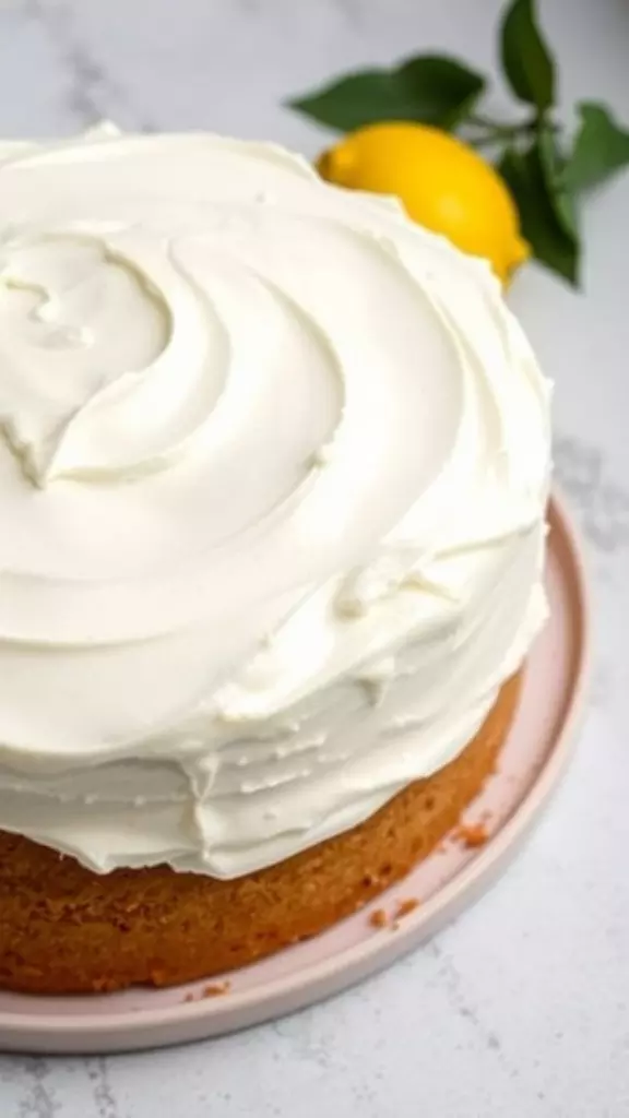 Vegan lemon cake with cream cheese frosting and a lemon in the background