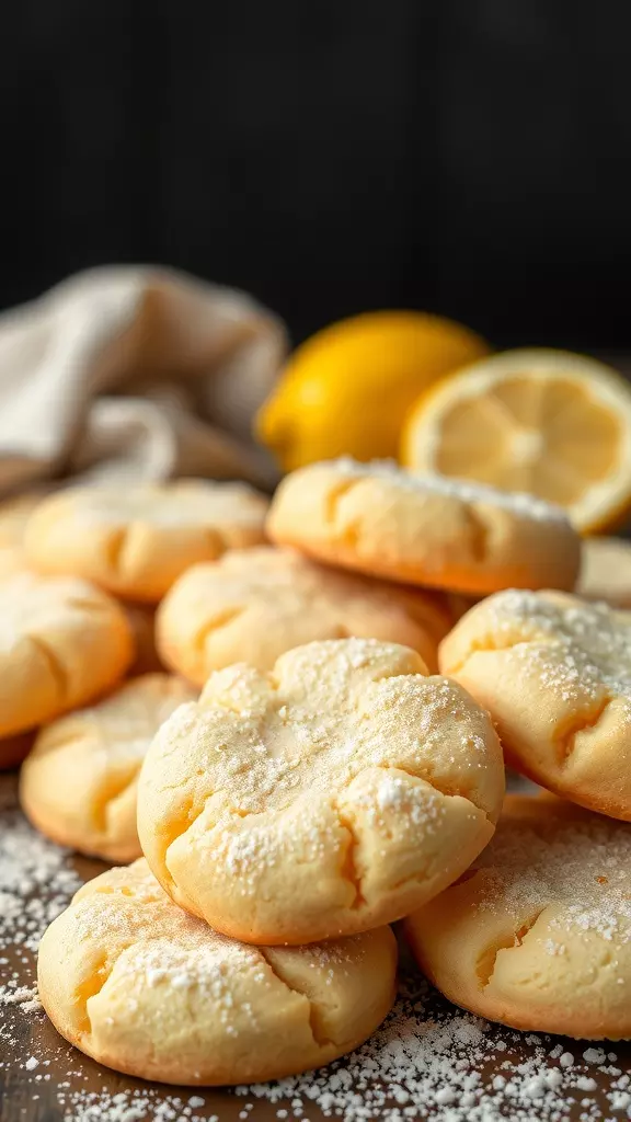 A pile of vegan lemon cookies dusted with powdered sugar, with fresh lemons in the background.