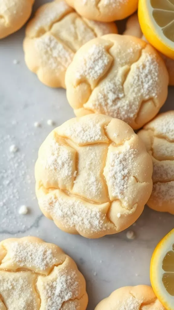 Delicious vegan lemon cookies dusted with powdered sugar and fresh lemon slices.