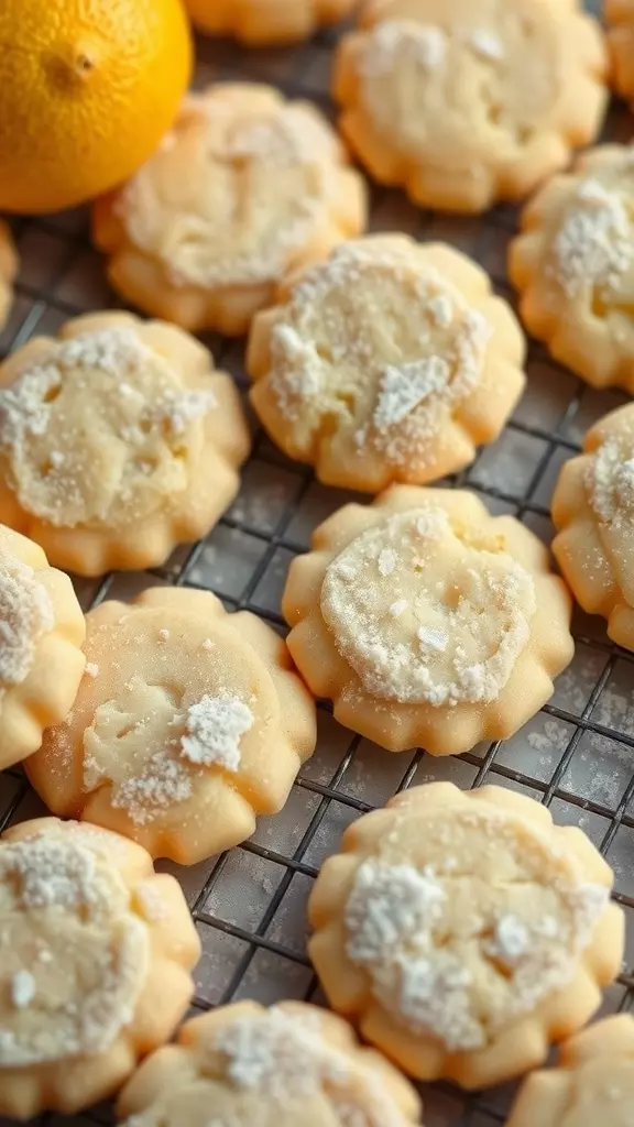 Vegan lemon cookies on a cooling rack with a lemon in the background.