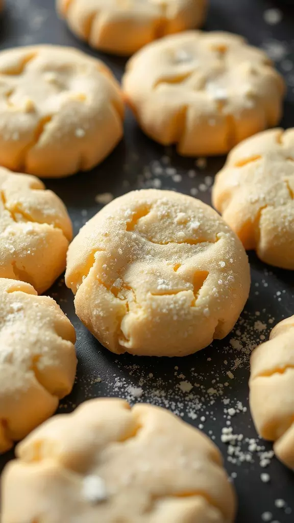 Close-up of soft vegan lemon cookies dusted with powdered sugar