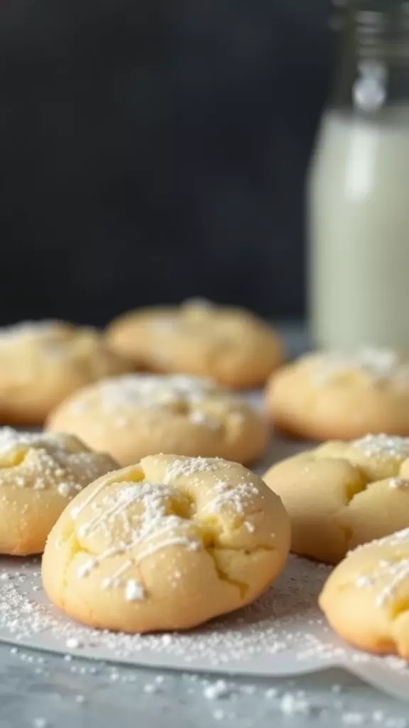 Close-up of vegan lemon cookies sprinkled with powdered sugar.