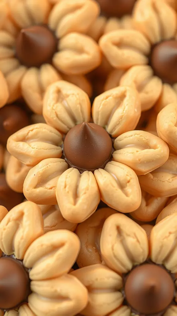 Close-up of vegan peanut butter blossoms decorated with chocolate kisses.