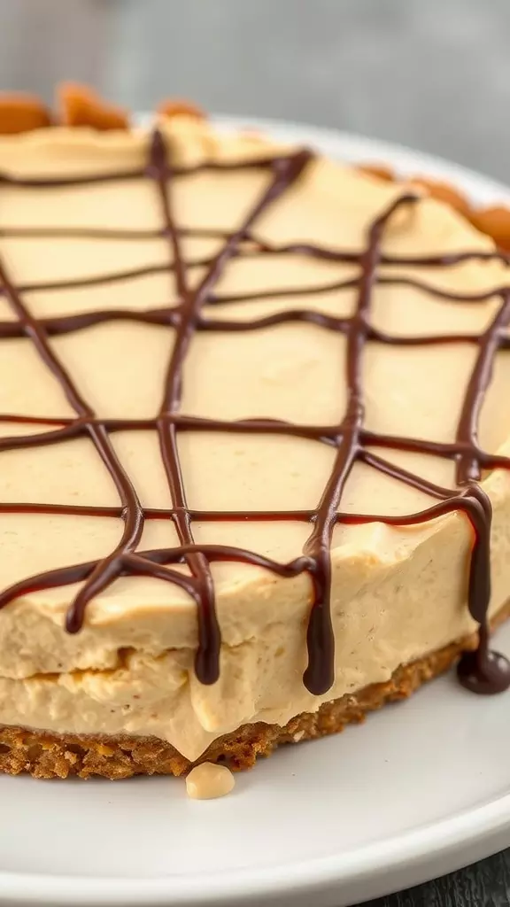 A close-up of a vegan peanut butter pie drizzled with chocolate sauce.