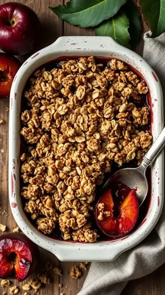 A delicious vegan plum crumble dessert with a golden oat topping and fresh plums.