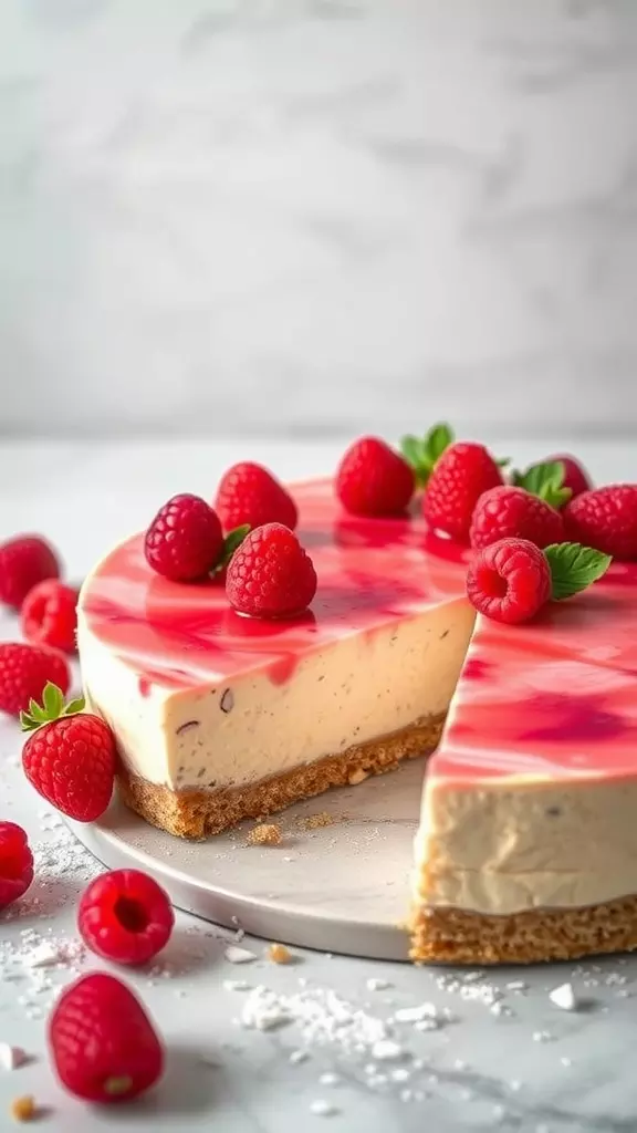 A slice of vegan raspberry cheesecake topped with fresh raspberries and a glossy raspberry drizzle.