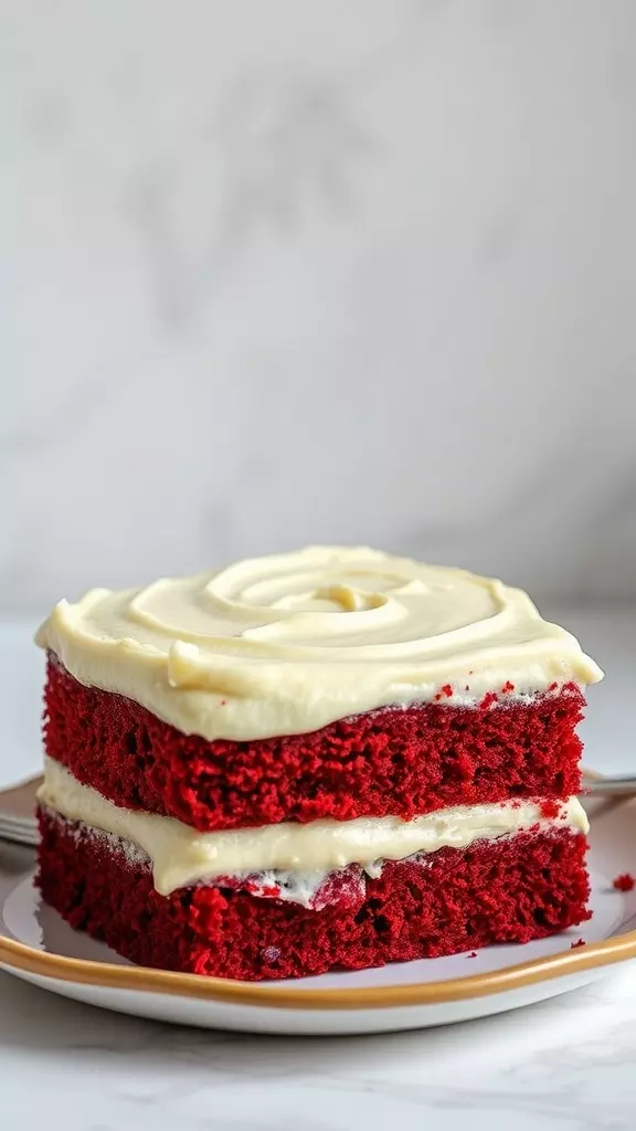 A slice of vegan red velvet cake with cream cheese frosting on a plate.