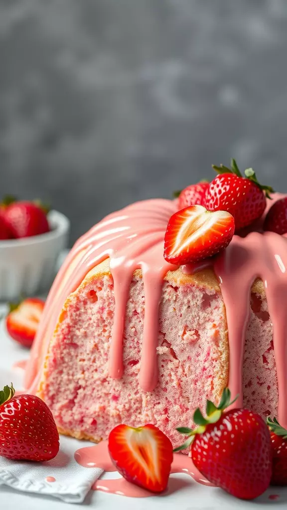 A beautifully sliced vegan strawberry pound cake topped with strawberry glaze and fresh strawberries.