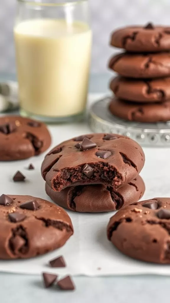 A plate of vegan chocolate cookies with a glass of milk.