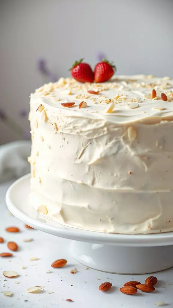 A beautifully decorated White Almond Sour Cream Wedding Cake with strawberries and almonds on top.