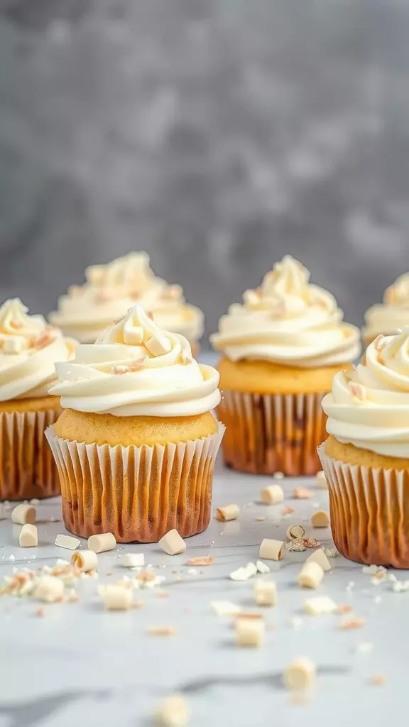 Delicious white chocolate cupcakes with creamy frosting and chocolate shavings on top.