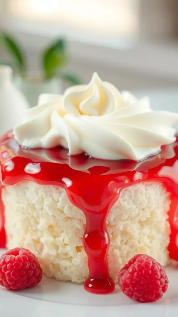 A beautifully decorated White Raspberry Poke Cake with a glossy raspberry topping and whipped cream.