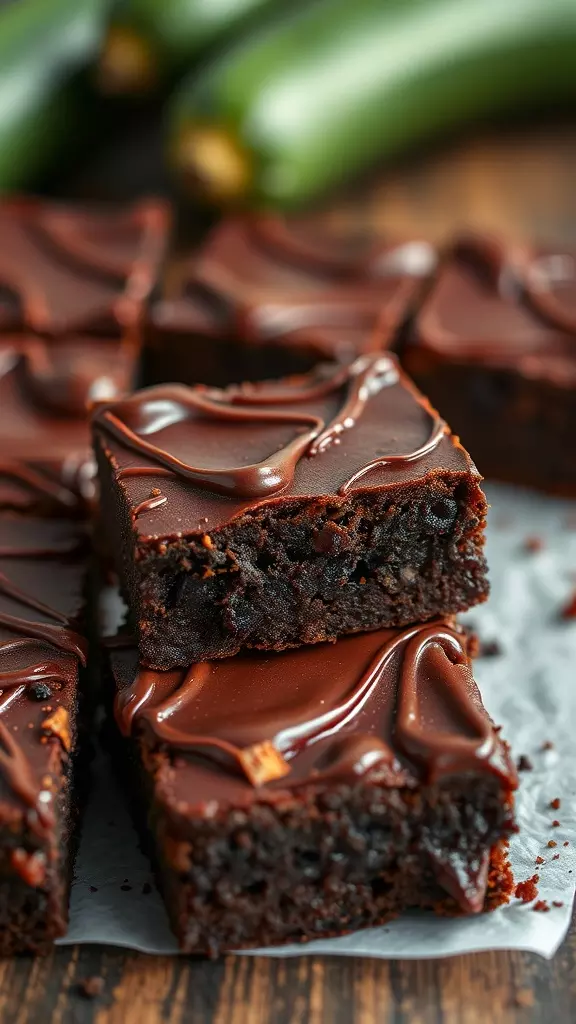 Delicious zucchini brownies topped with chocolate drizzle, surrounded by fresh zucchinis.