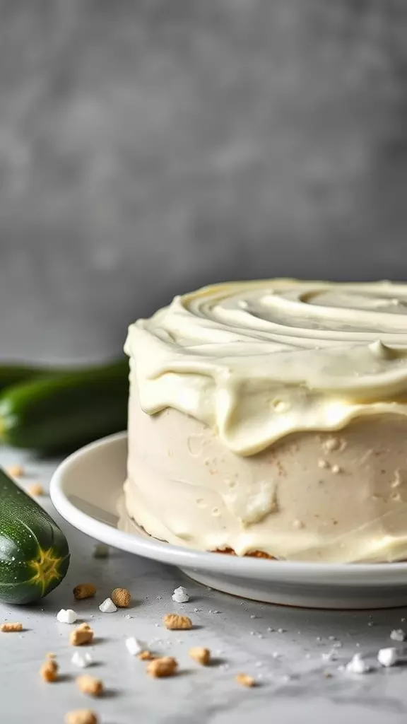 A slice of zucchini cake with cream cheese frosting on a plate, surrounded by fresh zucchini.