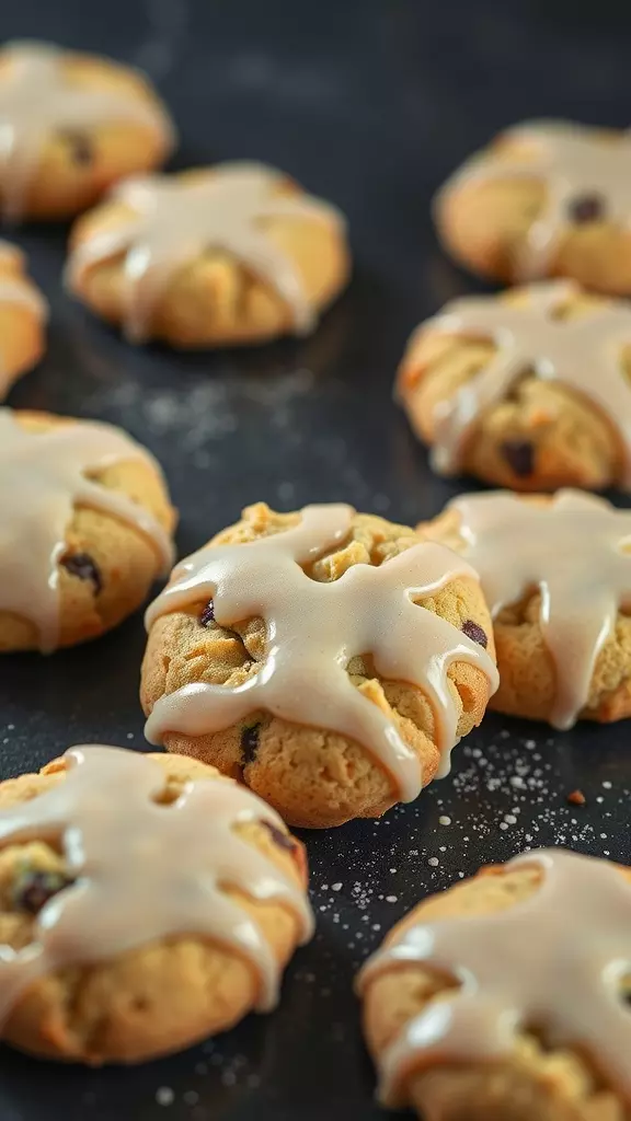 Delicious zucchini cookies with icing drizzled on top, arranged on a dark surface.