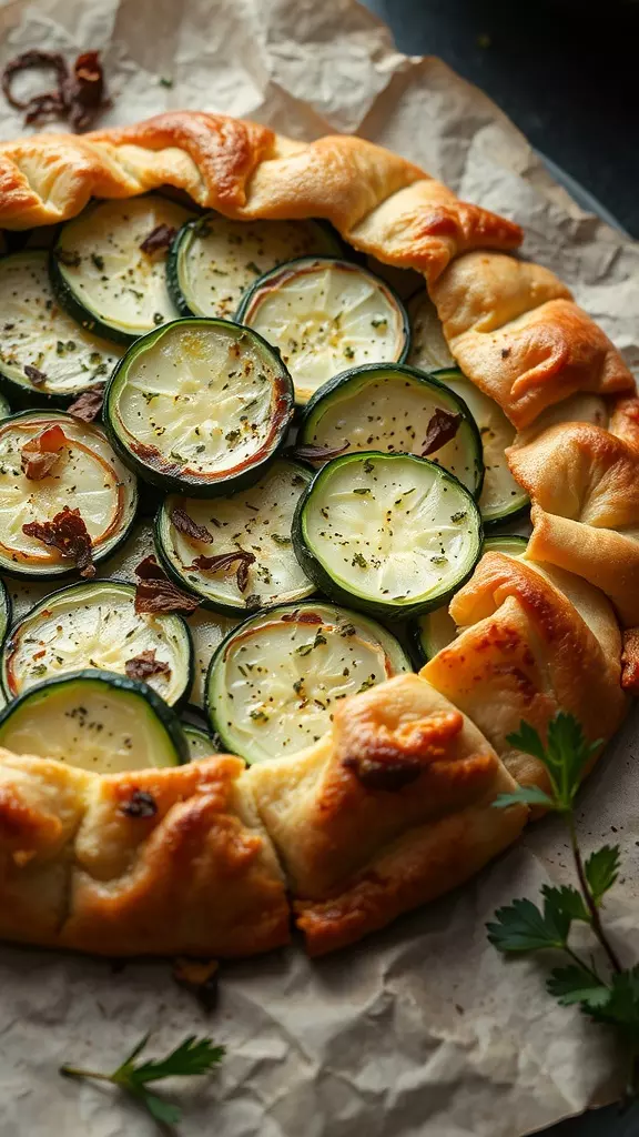 A delicious zucchini galette with sliced zucchini arranged in a circular pattern on a crust.